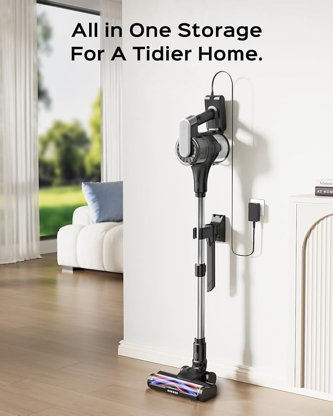 Cordless Stick Vacuum Cleaner – 3-in-1 Brush Roll for Hard Floors and Carpets 55 Min Runtime Rechargeable Lightweight Vacuum with Green LED Headlight for Pet Hair and Dust Cleaning