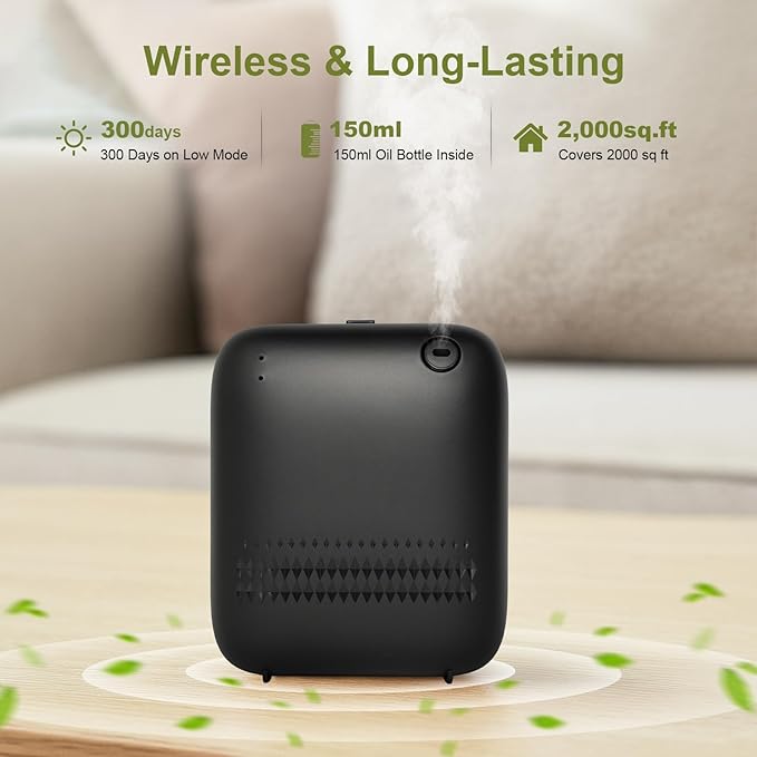 Waterless DiffuserWireless Essential Oil Battery Operated2000 Sq FtSafety LockQuietBluetooth AppHotel Home Collection Scent Machine - Black