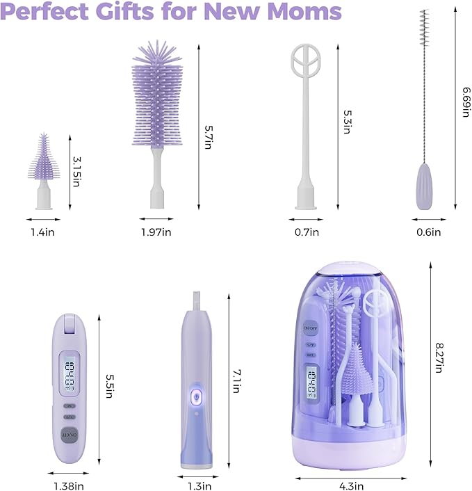 Electric Bottle Brush CleanerRechargable Electric Baby Bottle Brush Cleaner with ThermometerSilicone Bottle/Nipple/Straw BrushDrying RackTravel Bottle Cleaner Kit for New Moms (Violet)