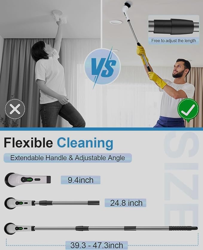 7-in-1 Electric Spin Scrubber 25W Powerful Cordless Cleaning Brush with Adjustable Handle &amp 7 Replaceable Heads for Bathroom Floor Tile Kitchen &amp Car