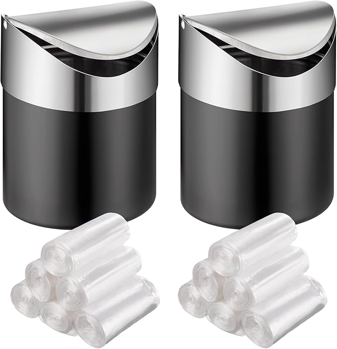 2 Pcs Desk Trash Can with Swing Lids 12 Rolls of Trash Bags 2L Brushed Stainless Steel Countertop Garbage Bin Small Wastebasket with Lid for Office Desk Coffee Table(Matte Black)