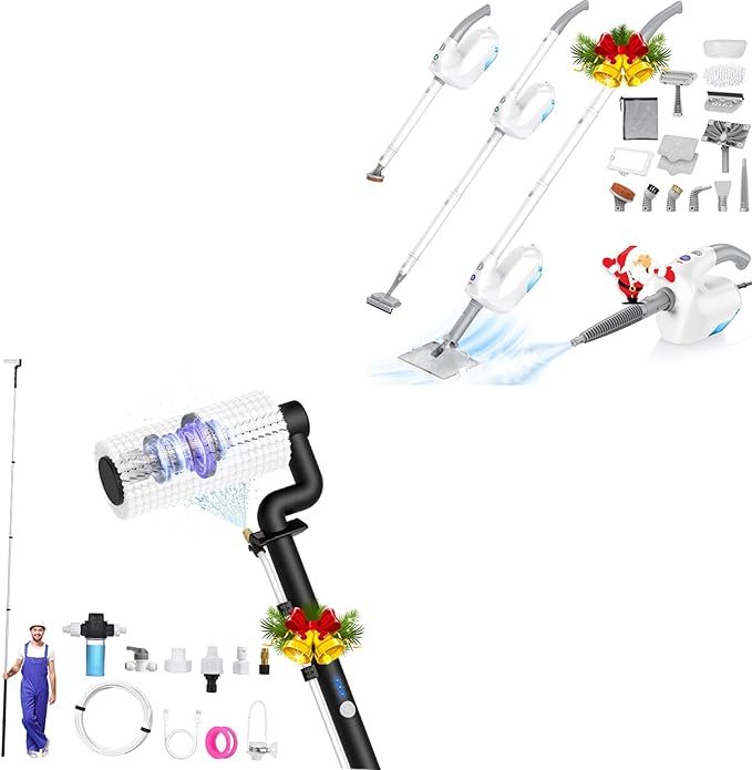 Electric Solar Panel Cleaning Kit &amp 10-in-1 Steam Mop with Detachable Handheld Steamer