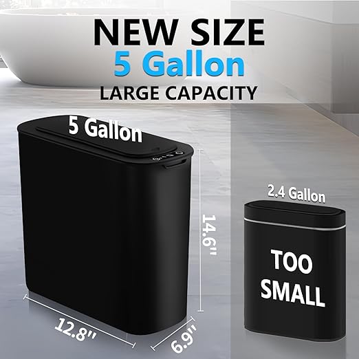TIPGO 5 Gallon Motion Senor Bathroom Trash Can with Lid Automatic Garbage Can Touchless Smart Plastic Waste Basket for Narrow Spaces Bathroom Office Bedroom Living Room (Black)