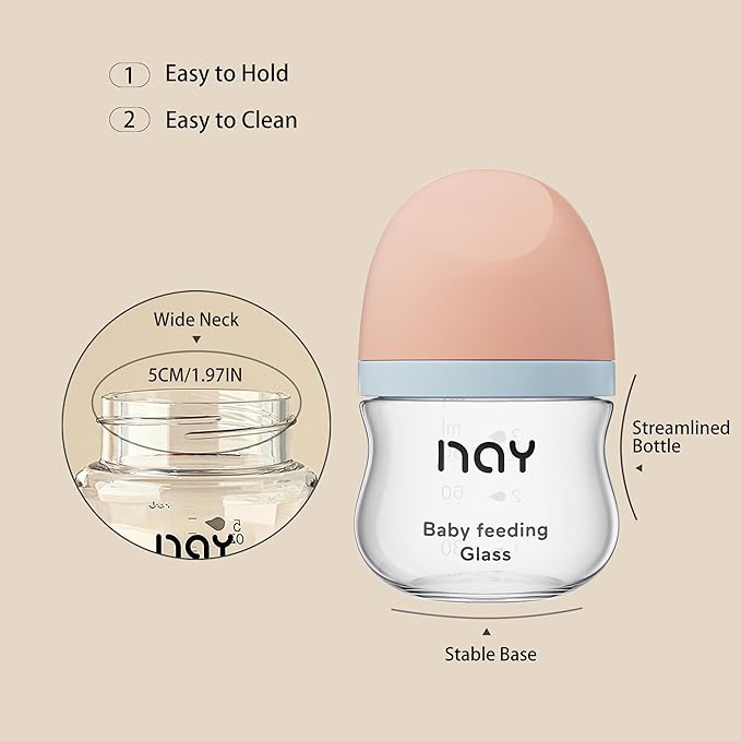 Natural Glass Baby Bottle Wide Neck Newborn Anti-Colic Baby Bottle Clear 3oz(Pack of 4) Includes 4Pcs Slow Flow Nipple(SS) 0 Months+