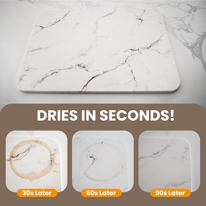 Diatomite Dish Drying Mat – Quick Absorption Non-Slip Heat Resistant up to 450°F – 16x12” White Marble for Kitchen Countertops