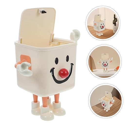 PRETYZOOM Compact Small Trash Can with Lid Stylish Tabletop Wastebasket for Bathroom Bedroom Office Versatile Desktop Garbage Container Smile Orange Efficient Waste Management