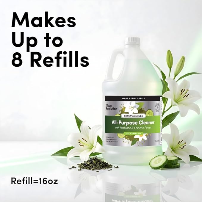 Clean Revolution SuperCharged All Purpose Cleaner Refill with Smart Probiotic + Enzyme Complex Multi-Surface Kitchen Bathroom &amp Floor Cleaner Lily &amp Green Tea 128 Fl Oz