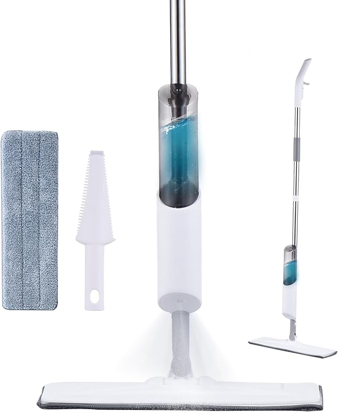 Drfeify 360-degree Spin Mop Microfiber Flat Mop for Hardwood Tiles Floor Wet Dry Dust  with Washable Pad and 270ml Water Bottle 360° Swivel Head 120cm Long Handle Easy to (2)