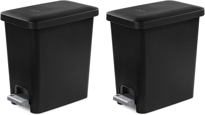 Sterilite 2.7 Gallon Rectangular StepOn Wastebasket with Lid Small Plastic Trash Can for the Bathroom Bedroom or Home Office Pedal and Liner Black 2-Pack