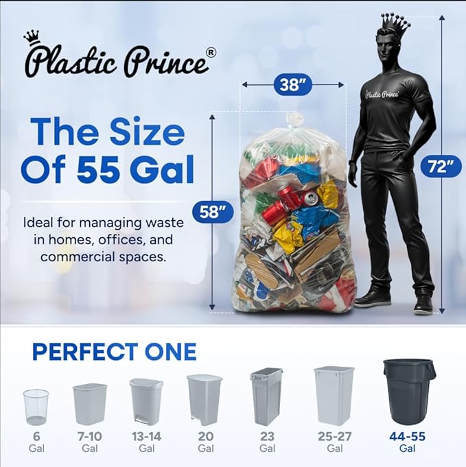 55 Gallon Trash Bags Large Clear Garbage Bags for Rubbermaid Brute 44-55 Gallon Trash Cans 38 x 58 Recycling Trash Can Liners 1.2 Mil Pack of 100