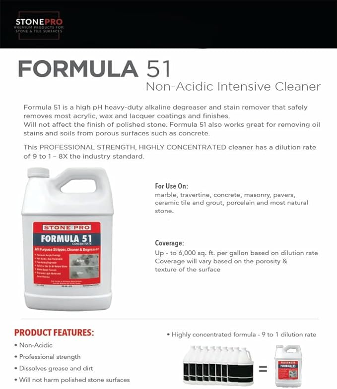 Stone Pro Formula 51 Gallon Concentrate - Heavy Duty Cleaner &amp Degreaser - Safe for Natural Stone Concrete Tile &amp Grout