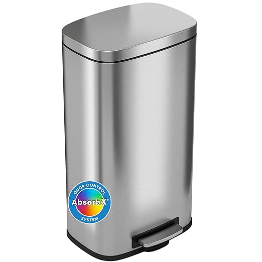 iTouchless SoftStep 8 Gallon Step Trash Can with Odor Control System and Removable Inner Bucket Stainless Steel 30 Liter Kitchen Garbage Can Perfect for Home &amp Office