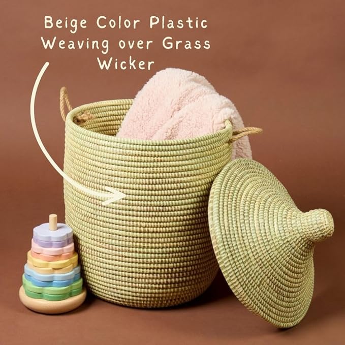 Small Natural Beige Decorative Woven Wicker Basket Hamper - Organize Laundry Toys Blankets Pillows Clothes Towels - Storage Bins for Home Baby Nursery Living Room Bedroom Bathroom