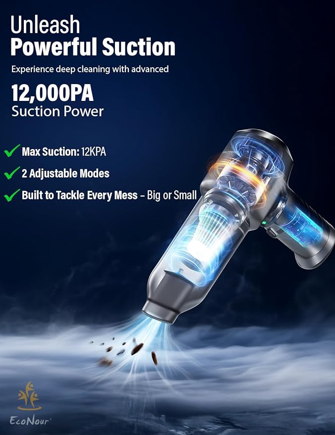 EcoNour 3-in-1 Cordless Handheld Car Vacuum Cleaner – 120W Power 12000Pa High Suction Dual Rechargeable Batteries – Portable Dust Buster for Car Home &amp Pet Hair