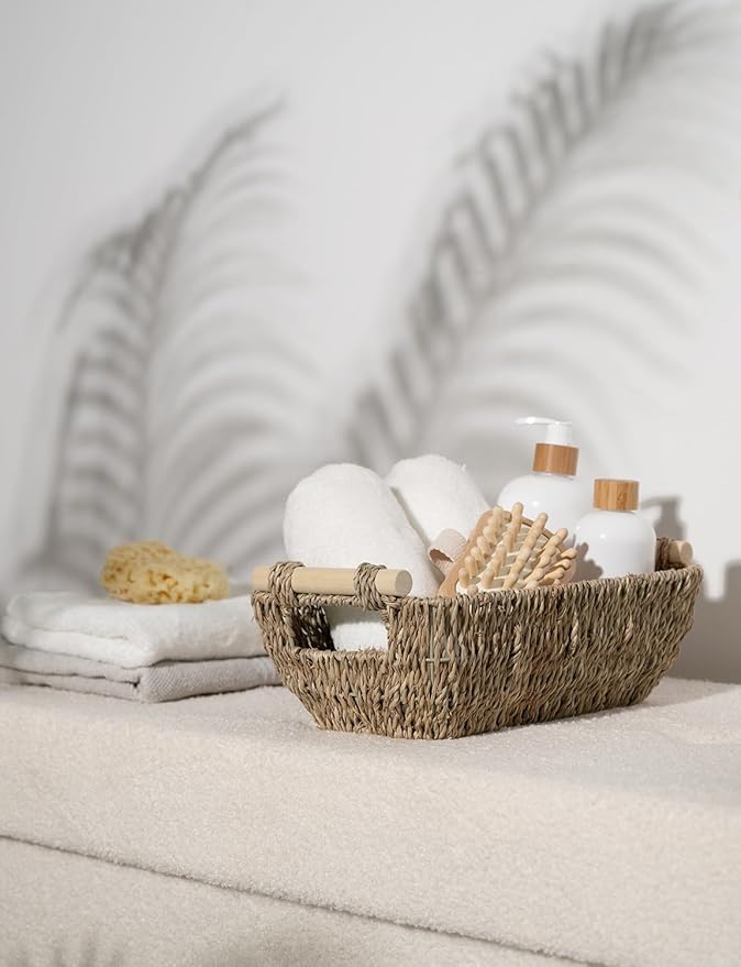 StorageWorks Small Baskets for Shelf Seagrass Woven Basket with Wooden Handles for Gifts 2-Pack