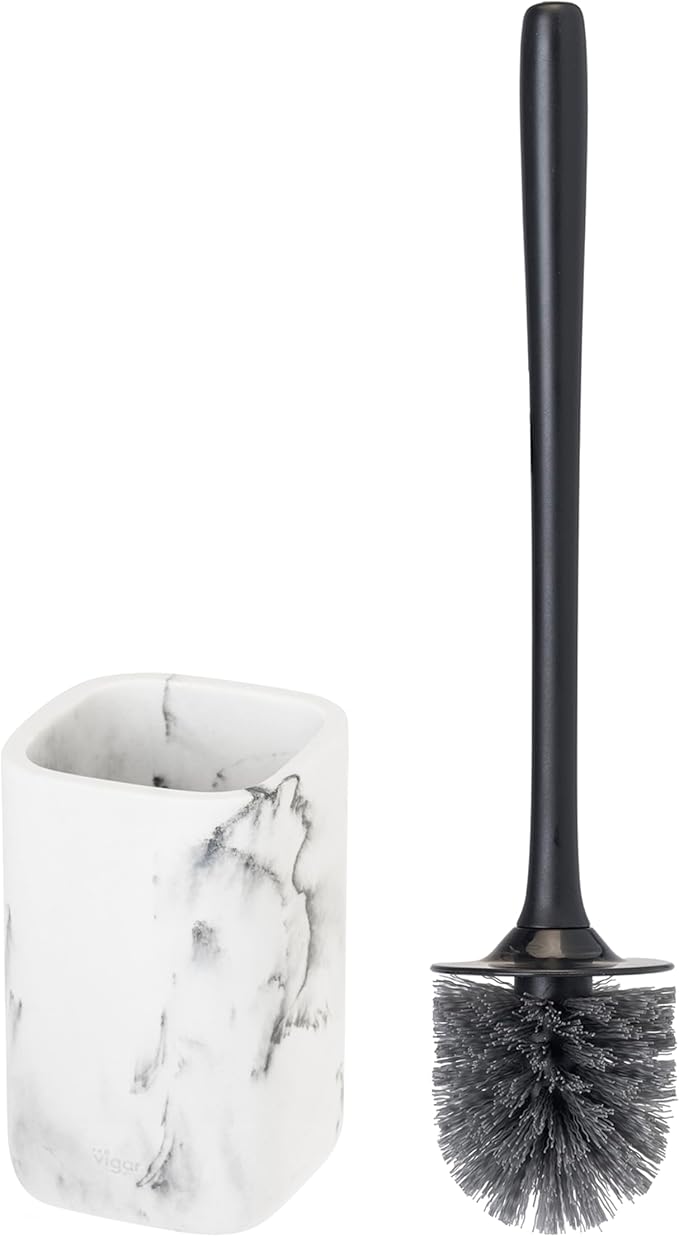 Vigar Zense Toilet Brush and Holder Set Toilet Bowl Brush with Polyresin Stone Holder Bathroom Sets for Bathroom Decor and Accessories White Marble