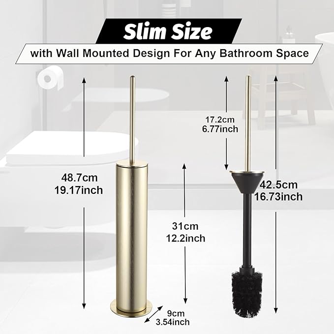 BGL Toilet Brush with Holder Set Brushed Gold Aluminium Standing for Bathroom Toilet Bowl Cleaner Brush and Holder Set Round Design