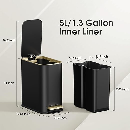 Small Bathroom Trash Can with Lid Soft Close 5L / 1.3 Gallon Slim Garbage Can with Removable Inner Bucket Step Stainless Steel Trash Bin for Office Bathrooms Bedroom Living Room (Black)