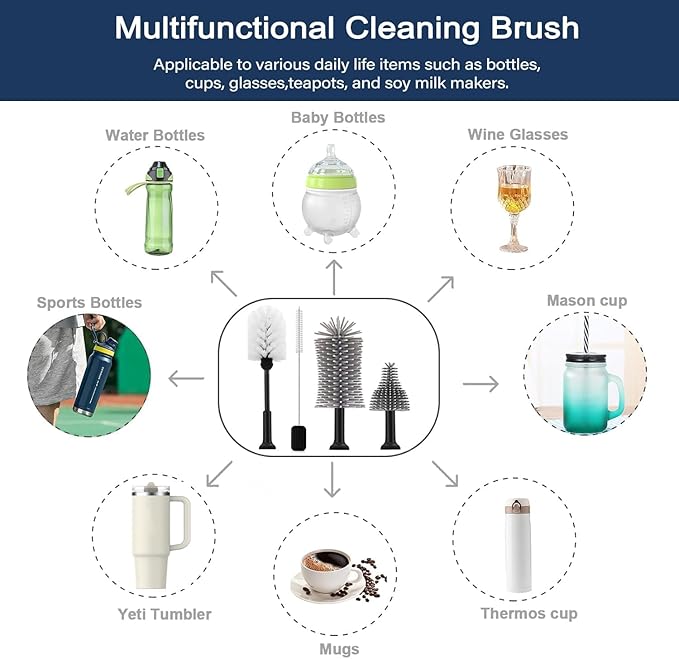 5 in 1 Electric Bottle Brush Cleaner Compatible Stanley Bottle Brush Straw Cleaner Multifunction Rechargeable IPX6 Waterproof Extra Long Design for Stanley Cup Sports Bottle and More (Black)