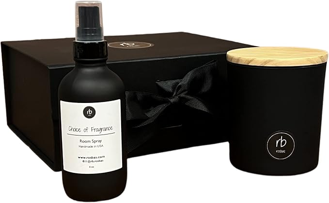 ROSBAS Gift Set Cinnamon Vanilla Scented Candle and Room Spray 7 oz Soy Wax Candle with Wooden Lid and 4 oz Spray Bottle Black Cotton Wick Air Freshener Gift Packaged Handmade in USA