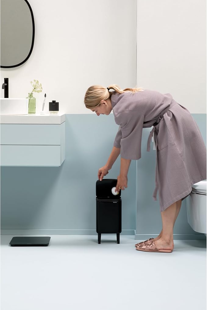 Brabantia Bo XS Lift Open Trash Can with Raised Legs | 1.1 Gal / 4L | Matt Black | Free Standing Bedroom Bathroom Nursery Trash Can Removable Inner Bucket Non-Slip Feet | + Trash Bags