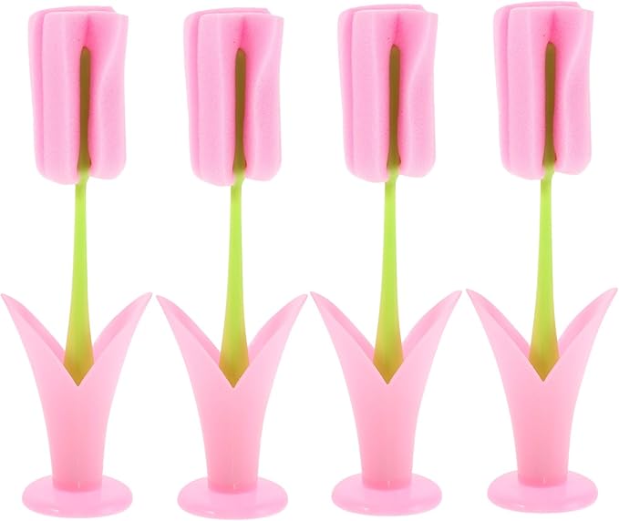4pcs Flower Cactus Sponge with Vase Cute Baby Bottle Scrubber Dish Washing Kitchen Cup Cleaning Brush Feeding Bottle Cleaning Brush Pink