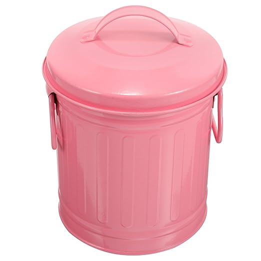 Metal Trash Can with Lid Small Desktop Garbage Bin Retro Pink Iron Table Wastebasket for Office and Bedroom Organization