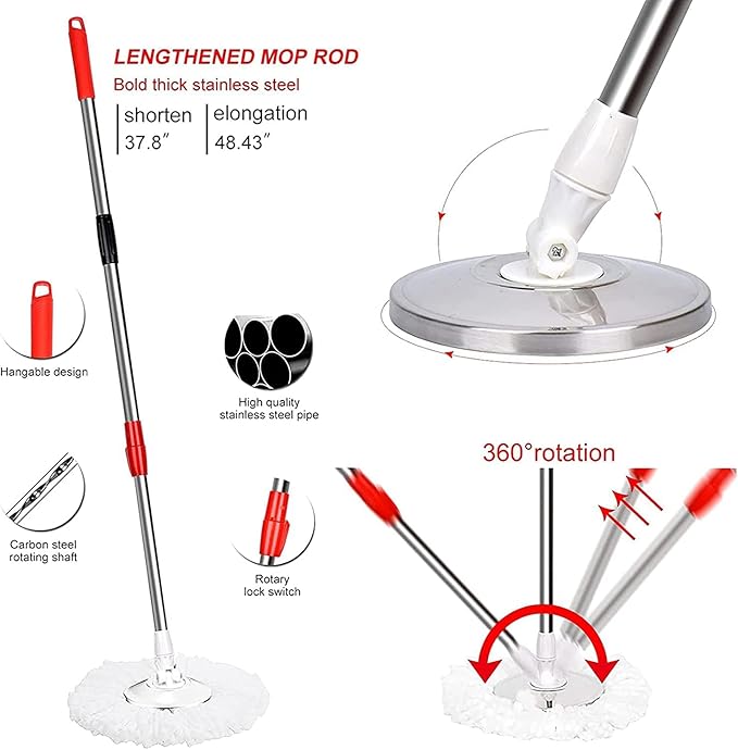 Mop and Bucket Set 360° Spin Mop and Bucket with Wringer Set and 6 Microfiber Mop Refills Stainless Steel 61 Extended Handle Spinning Mop Bucket System for Floor Cleaning (2 Sets)