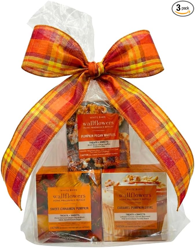 Bath &amp Body Works Wallflowers Refills FALL PUMPKIN Collection 3-Fragrance Bundle with 40-Inch Autumn Plaid Ribbon Bow – Pumpkin Pecan Sweet Cinnamon &amp Caramel Swirl (2-Pack Each)