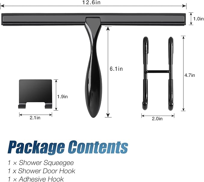Simtive 12-Inch Shower Squeegee Set Includes Shower Door Hook and Adhesive Hook Squeegee for Shower Doors Mirror and Window Black