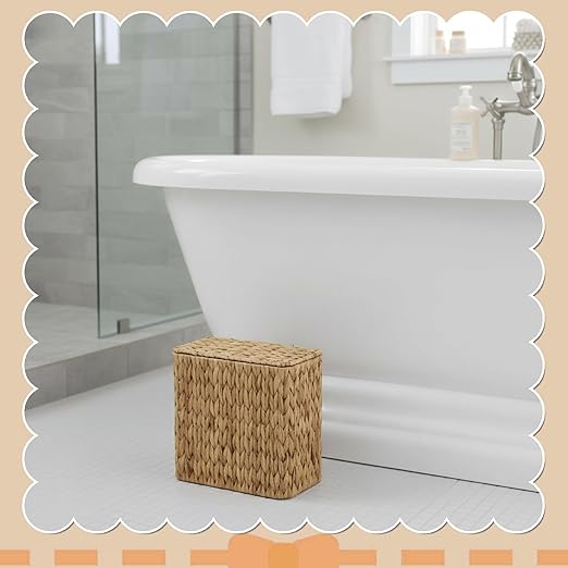 Wicker Waste Basket with Lid Water Hyacinth Handwoven Garbage Can Small Bathroom Trash Can Boho Rattan Wastebasket with Removable Liner for Bedroom Home Living Room Office Kitchen