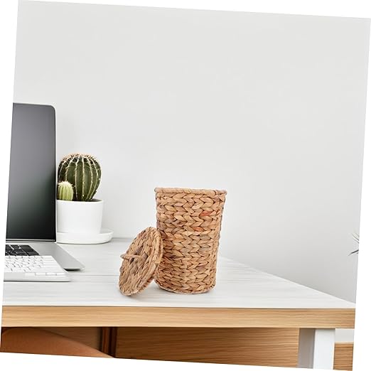 Zerodeko Natural Woven Hyacinth Trash Can with Lid Decorative Rattan Wastebasket for Bathroom Bedroom Kitchen Multi Purpose Storage Bin for Essentials Compact Lightweight Design