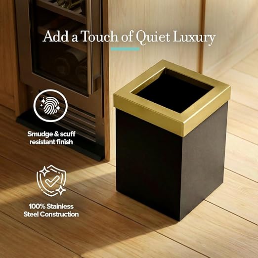 Gatco Small Bathroom Trash Can With Lid Square 3 Gallon Stainless Steel Wastebasket Under Sink Matte Black And Brushed Brass For Bathroom Bedroom Office (1934)
