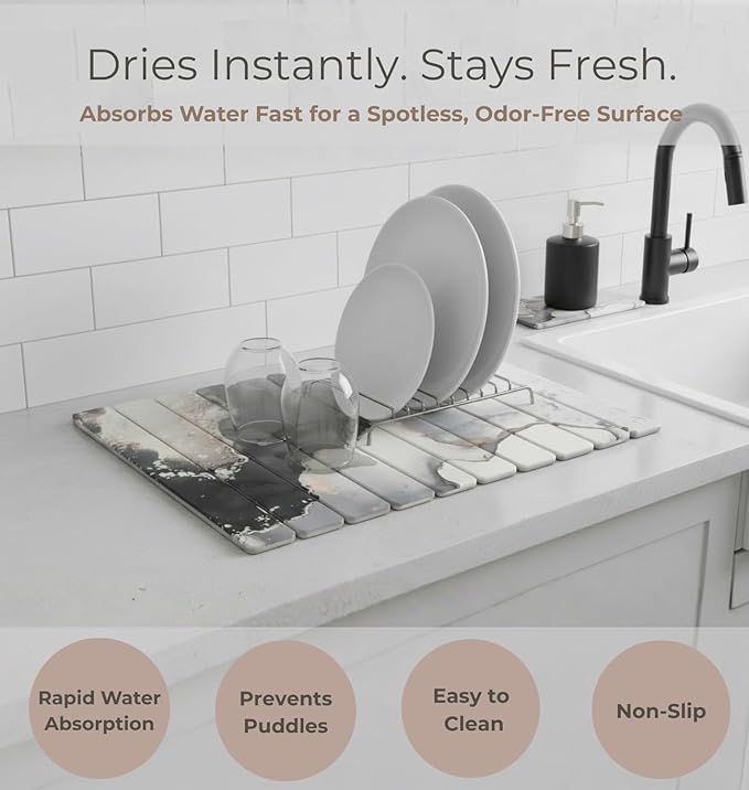 Stone Dish Drying Mat Foldable Diatomaceous Sink Mat – Fast-Drying Non-Slip Easy-Clean Stone Drainer for Kitchen &amp Bathroom (15.75” x 23.62”)