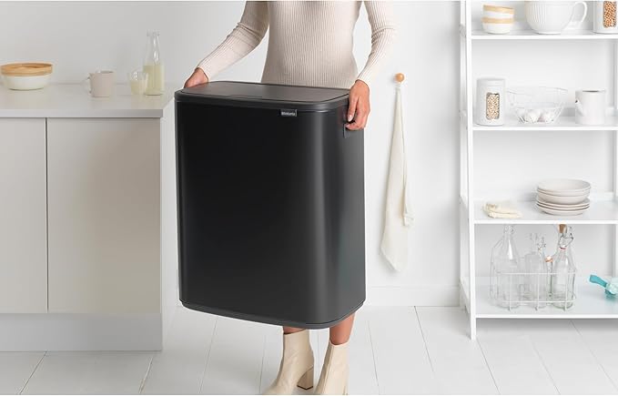 Brabantia Bo Touch Top Kitchen Trash Can with Single Compartment | Matt Black | 16 Gal Inner Bucket | Soft-Close Garbage Can Light Touch Opening Stay-Open Lid | Fits Against Wall | + Trash Bags