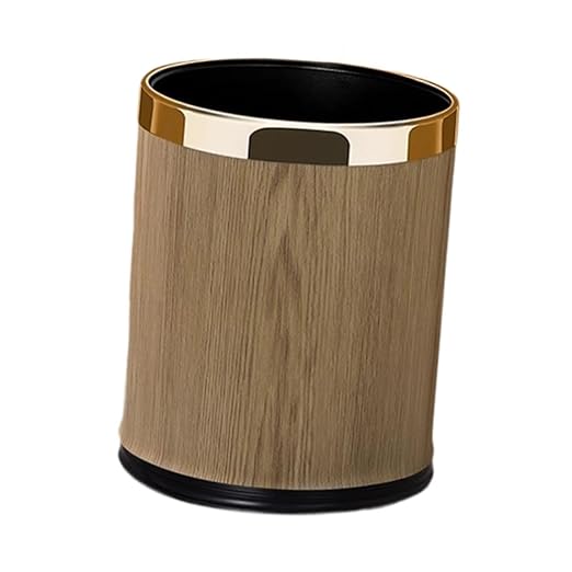 Trash Can Waste Basket PU Leather Stylish Modern Garbage Container Wastebasket for Under Desk Dorm Hotel Bedroom 10L Round Gold