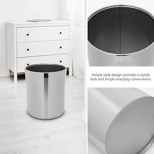 Alipis Stainless Steel Trash Bin Round Wastebasket Single Layer Kitchen Garbage Can Bathroom Litter Box for Home Use