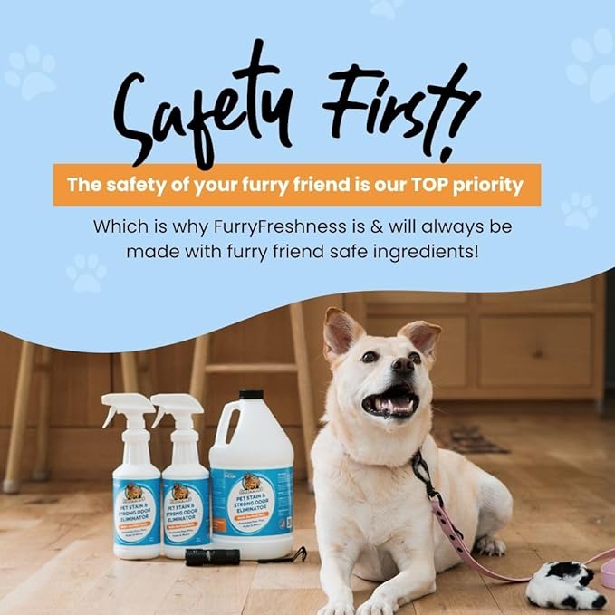 FurryFreshness Extra Strength Cat or Dog Pee Stain &amp Permanent Odor Remover + Smell Eliminator -Removes Stains from Pets &amp Kids Including Urine or Blood- Lifts Old Carpet Stains- 32oz Spray