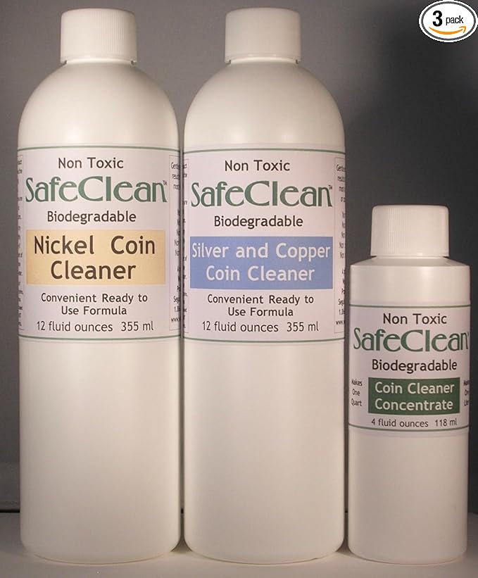 SafeClean Coin Cleaners. One 4 oz. Concentrate and one each 12 oz. Ready to Use Solutions for Modern Nickel and Silver/Copper Coins. No Risk Guarantee.