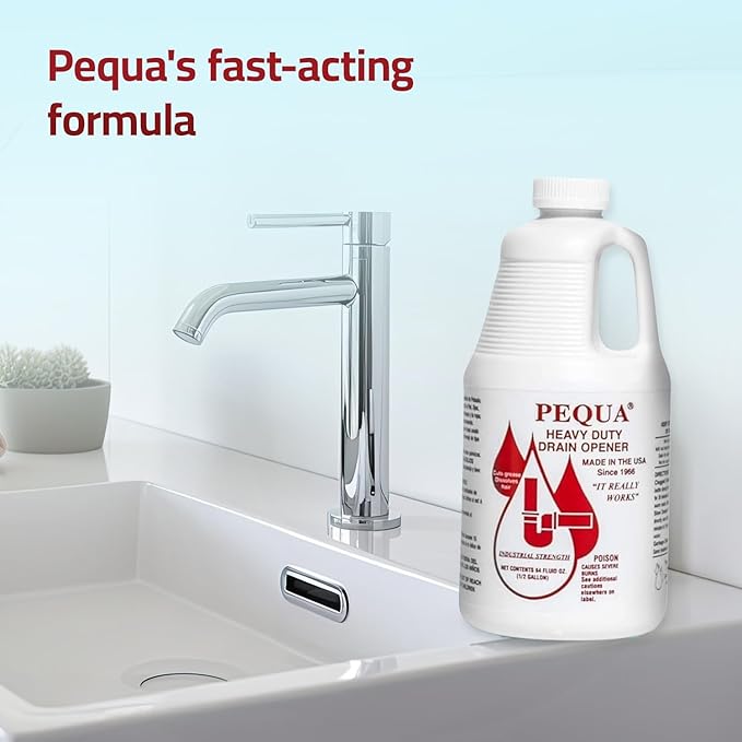 PEQUA INDUSTRIES 64 oz Pequa Heavy Duty Drain Opener - Powerful Non-Acid Fast-Acting Formula Safe for All Pipes Industrial strength Drain Cleaner for Sinks Tubs Septic Tanks (Pack of 4)