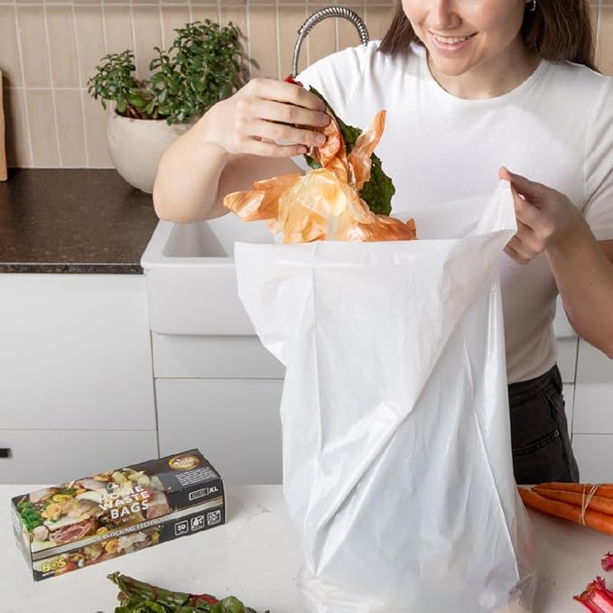 BOS Odor-Sealing Kitchen Home &amp Food Small Trash Bags for Waste- Disposable Bags - Scent &amp Smell Free (50 Bags) [Size XL Color White] (Pack of 1)