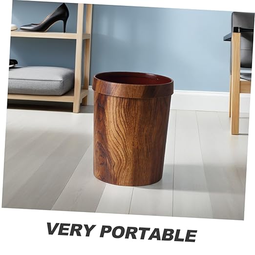 Healifty Vintage Style Plastic Wood Pattern Garbage Bin with Pressure Ring Wastebasket for Home Bedroom Bathroom and Office Space Saving Creative Container Design