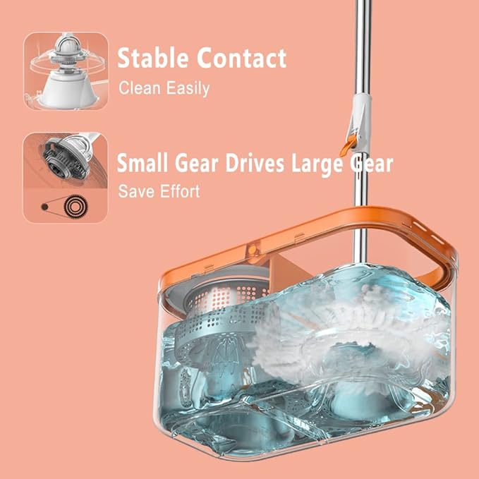 Floor Spin Mop and Bucket Set with Wringer System Extended Stainless Steel Handle 61for Home Floor Cleaning Use with 5 Replacement Head Refill and 1 Cleaning Brush Head