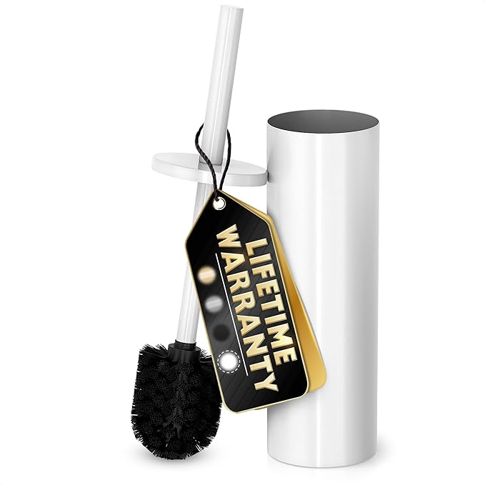 Stainless Steel Toilet Brush and Holder Set White - Long Handle Toilet Bowl Cleaner Brush and Holder - Removable Inner Liner Shiny Design Splash Protection &amp Dense Bristles for Bathroom Cleaning
