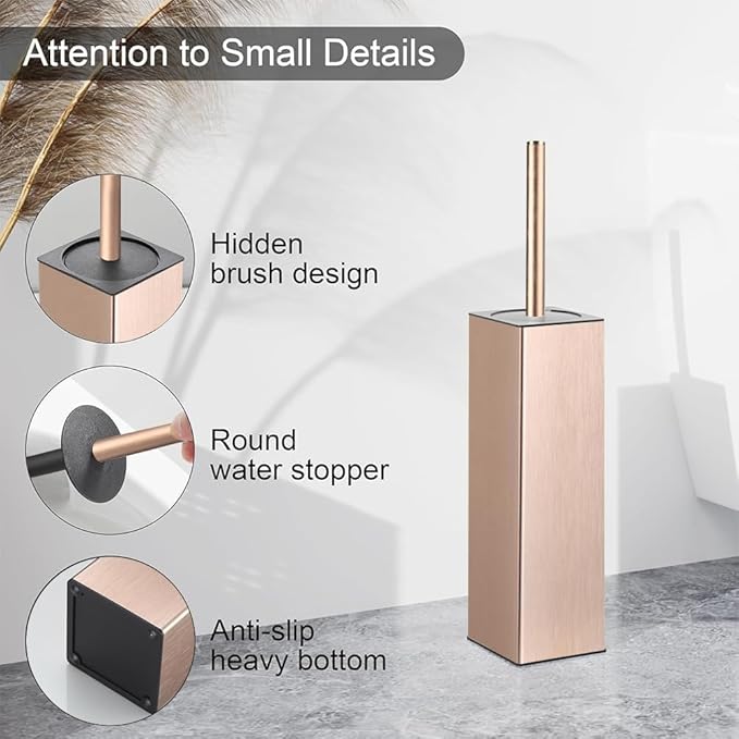 BGL Standing Toilet Brush and Holder Rose Gold Aluminium Toilet Bowl Cleaner Brush and Holder for Bathroom Storage and Organization Square Design Sturdy and Space Saving