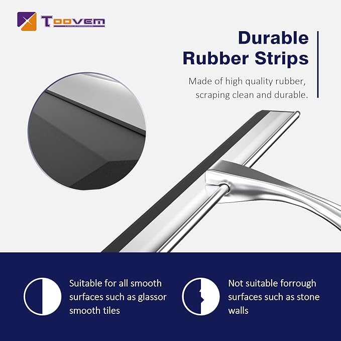 TOOVEM 14 Inch Shower Squeegee for Glass Doors Window Bathroom Car Windshield Shower Cleaning Tools with S Hook Square Sticky Hook (Silver)
