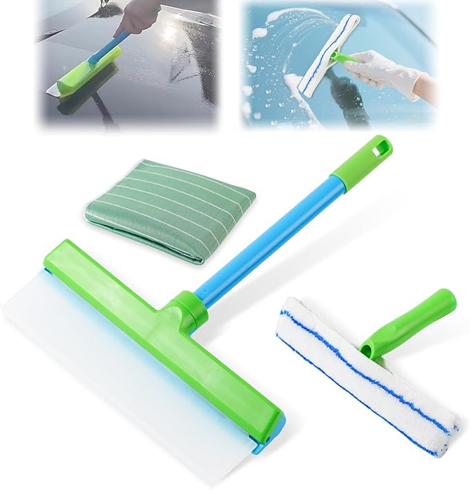 Window Cleaning Kit Window Squeegee Recyclable Silicone Window Squeegee Kit 3 in 1 Glass Cleaning Tool with Rotatable Rubber Microfiber Scrubber (1 Set)