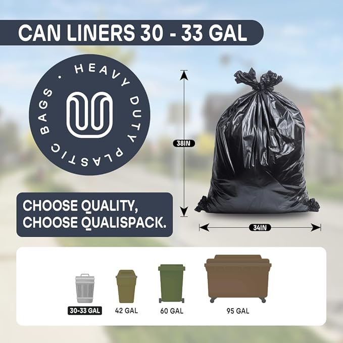 33 Gallon Can Liners | 34x38 Black 1.2 Mil | Heavy Duty Eco-Friendly Trash Bags | 150 Bags for Commercial Industrial and Outdoor Use