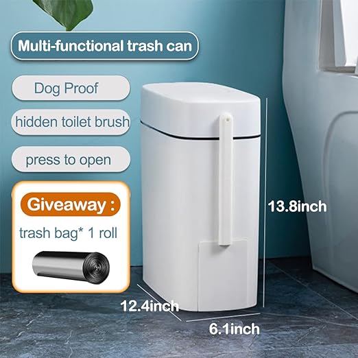 Bathroom Trash Can with Lid 14 Liter/ 3.7 Gallon Bathroom Trash Can and Toilet Brush Set for Restroom Bedroom Living Room Office White Lid