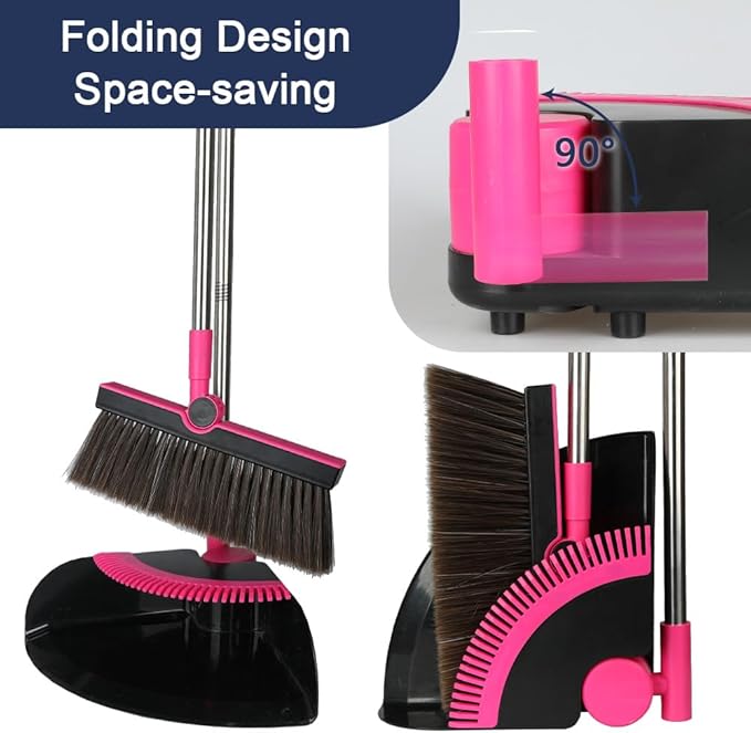 Triangular Indoor Broom and Dustpan Comb Set 180° Rotating Soft Bristle Long Handle Upright Sweeping Angled Broom with Self-Cleaning Teeth for Home Kitchen Office Wood Floor (Black Pink)